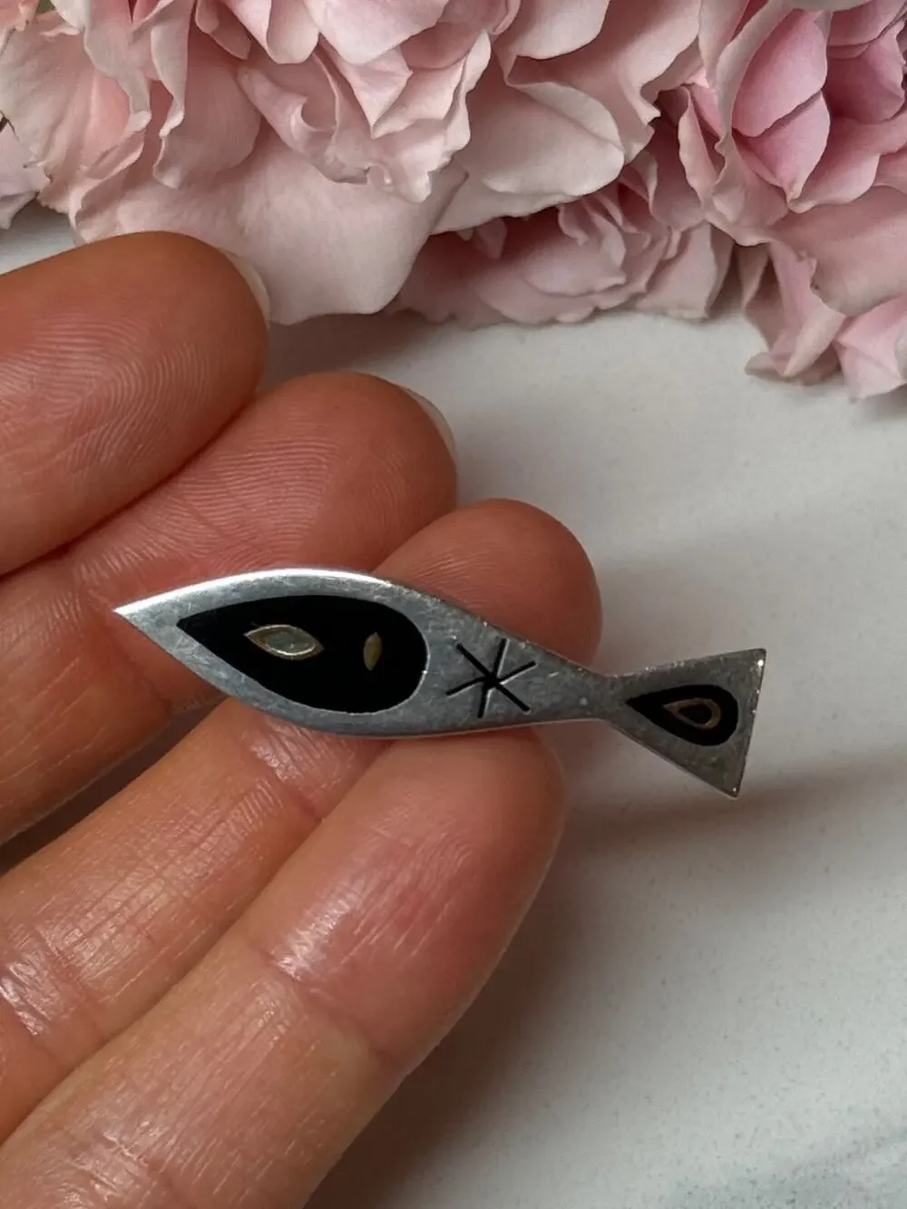 925 Sterling Silver Black Evil Eye Enamel Brooch Length 1.5 In